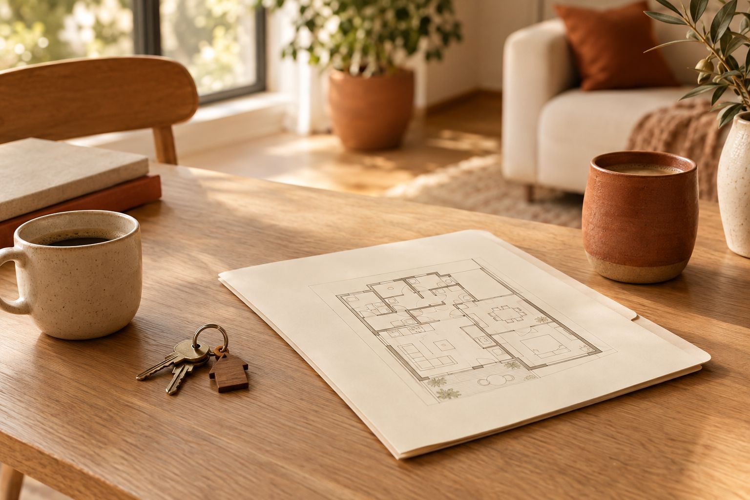House keys and floor plans on a table during a real estate consultation