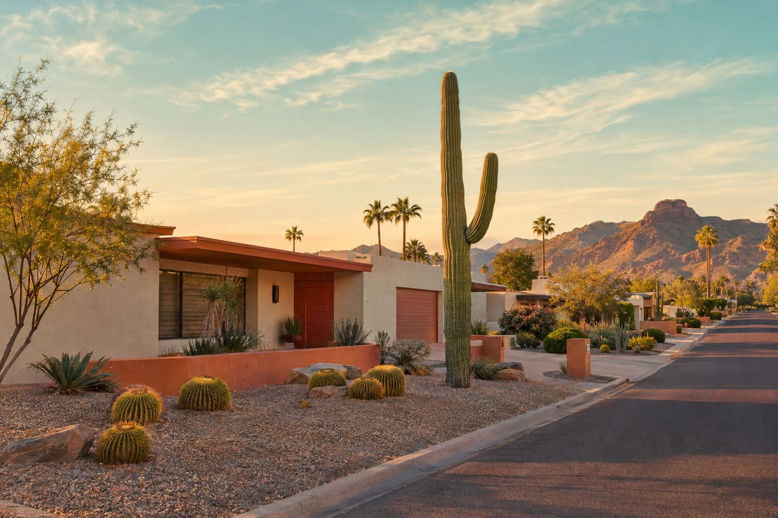 Mid-century Phoenix neighborhood street with desert landscaping at golden hour
