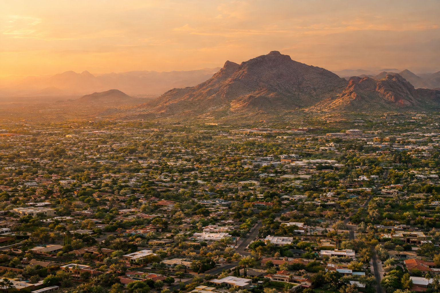 Aerial view of Phoenix at golden hour with desert mountains